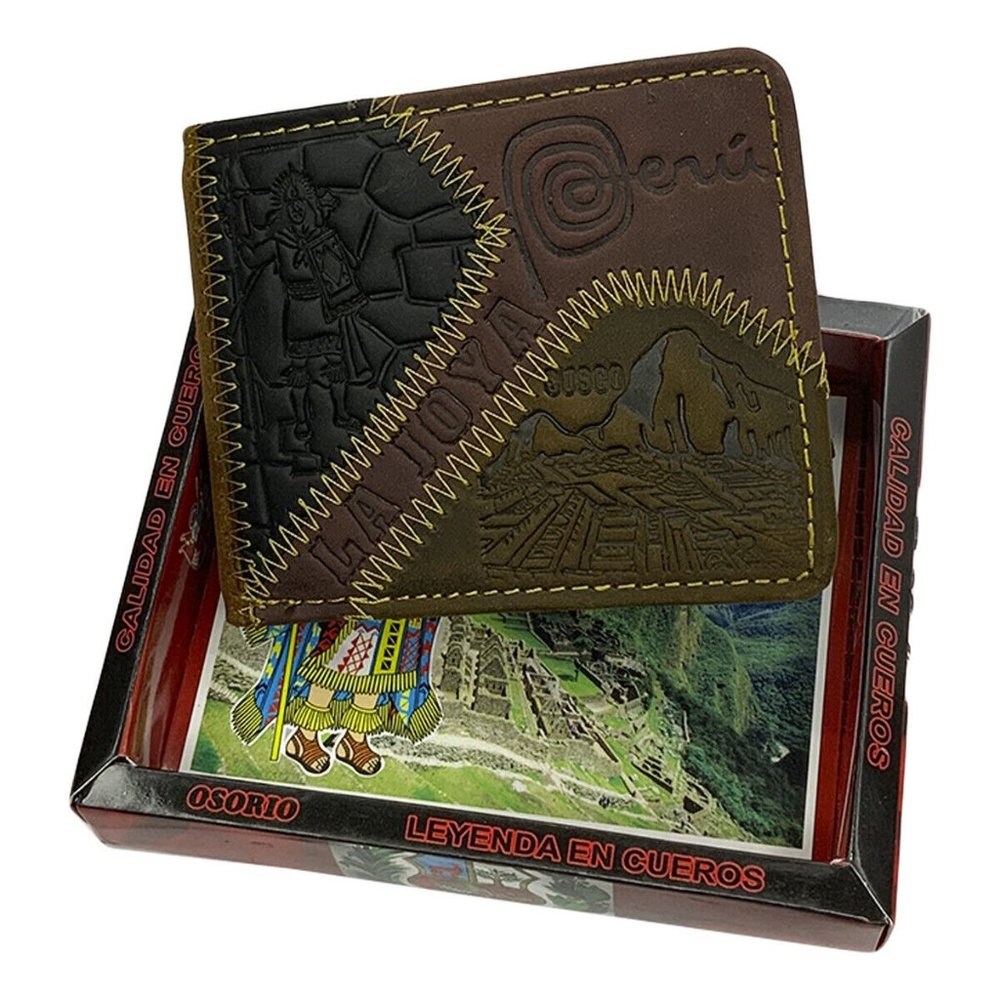 NWT CUSCO MACHU PICCHU PERU SOUVENIR MEN'S EMBOSSED BROWN LEATHER BIFOLD WALLET